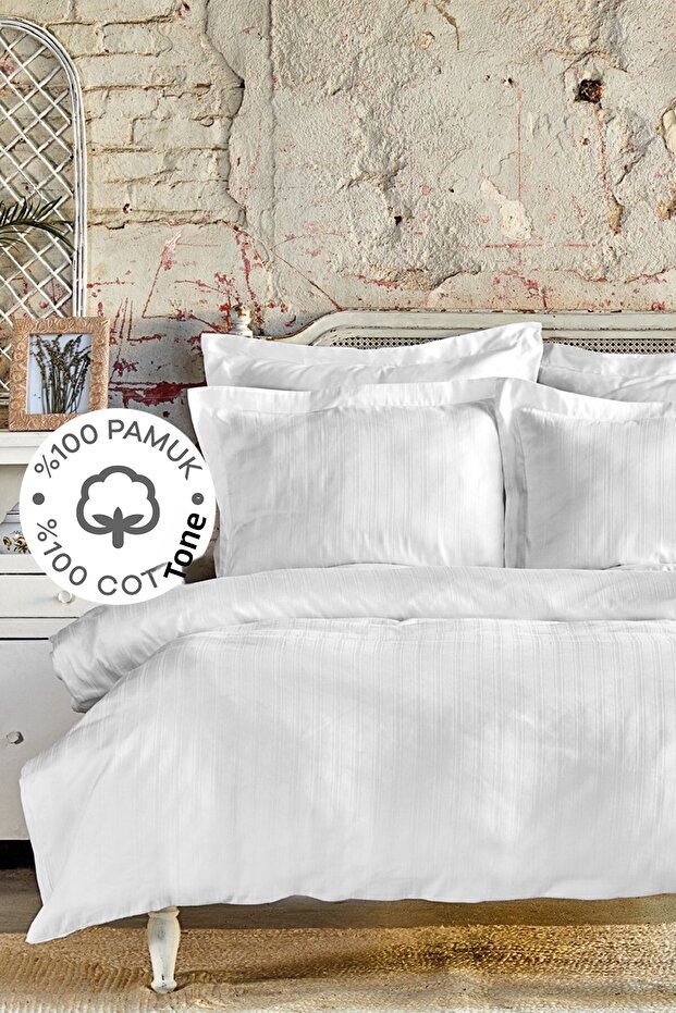 Charm Bold White 100% Cotton Double Duvet Cover Set