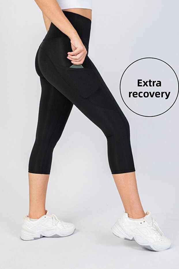Step Original Black Women's Pocket High Waist Extra Compressor, Capri Yoga Tights 48cm
