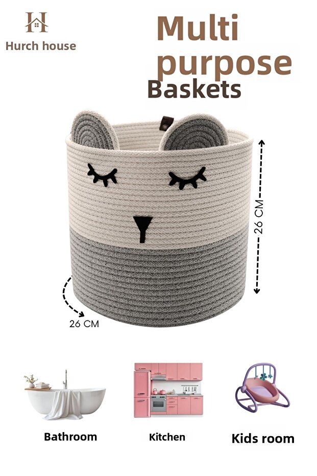 Gray Jute Rope Panda Designed Multi-Purpose Children's Room Toy Clothes Dirty Basket Organizer 26 X 26 cm