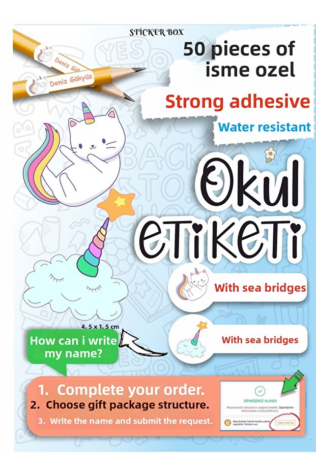 School Label Pen Notebook Label Custom Name Writable Label Cute Cat Unicorn - 50 Pieces