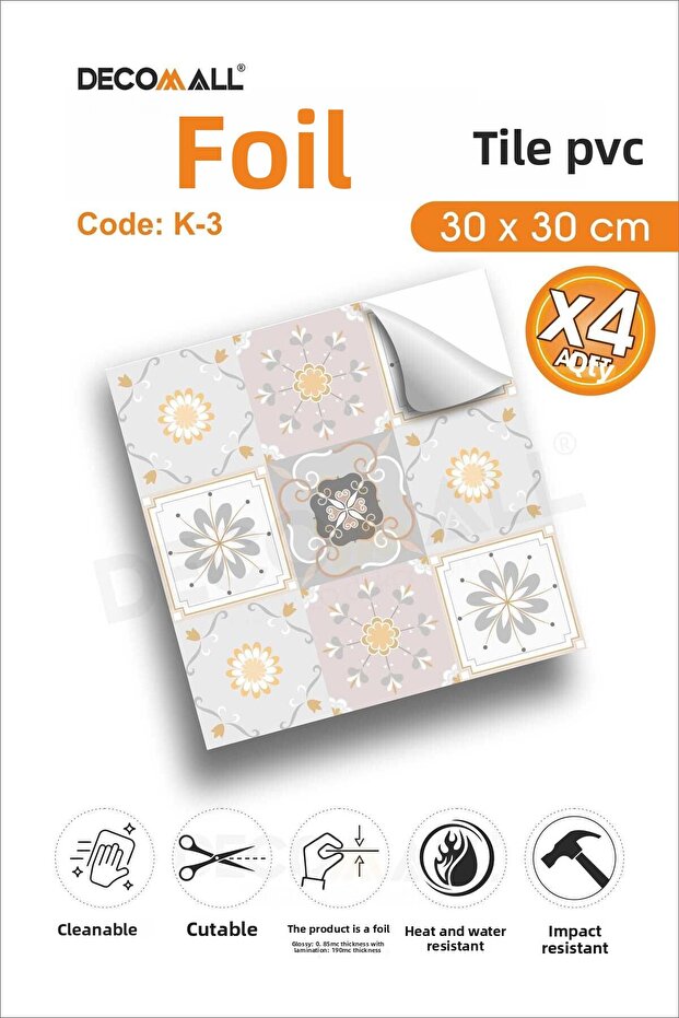 CodeK-3 بلاط رقائق ذاتي اللصق مقاوم للماء لأرضية المطبخ والحمام مقاس 30 × 30 سم (4 قطع)