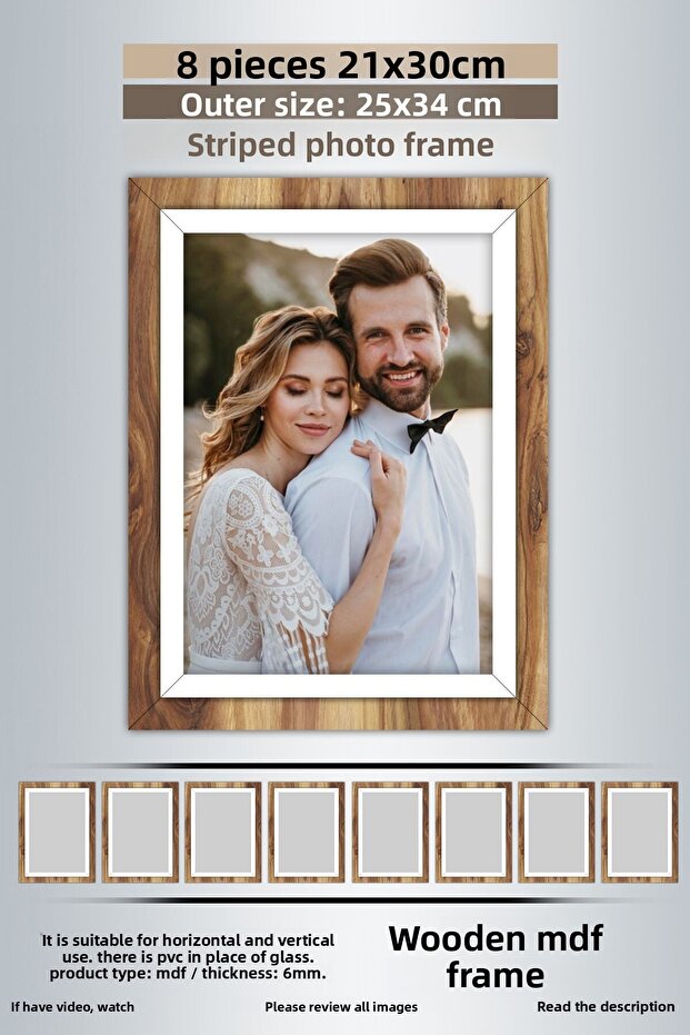 8 قطع إطار 21x30 - إطار خشبي أبيض مخطط - إطار A4 - إطار دبلوم مع PVC