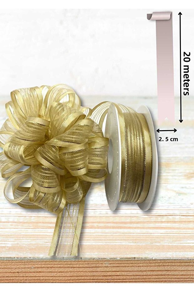 Pull Ribbon Gold 2.5 cm X 20 m Handcrafted Gift Packaging Henna Bridal Dowry Bundle Decoration Bow