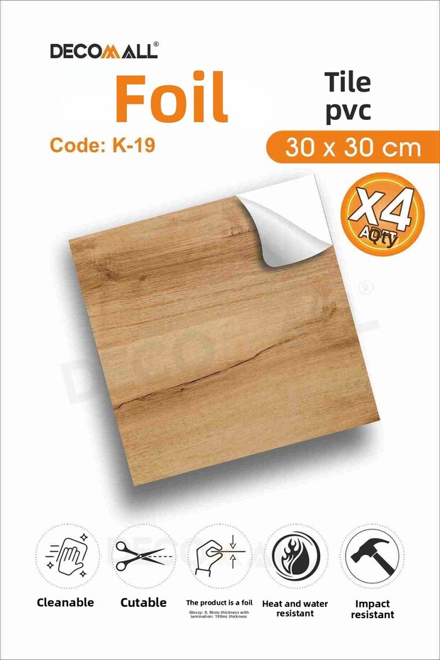CodeK-19 بلاط فيول مقاوم للماء لأرضية المطبخ والحمام - 30 × 30 سم (4 قطع)
