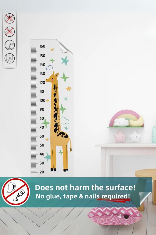 Height Ruler, No Trace on the Wall, Smart Paper Sticker with Non-Adhesive Holding (Giraffe Themed)