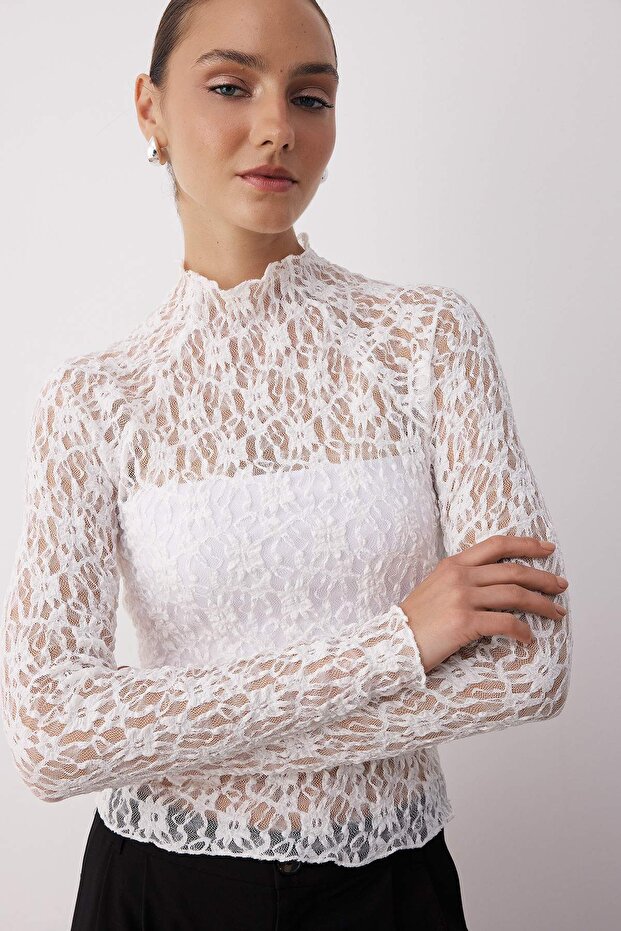 Ekru Fitted/Vücuda Oturan Reglan Kol Dantel Uzun Kollu Esnek Örme Bluz TWOAW26BZ00048 - 1