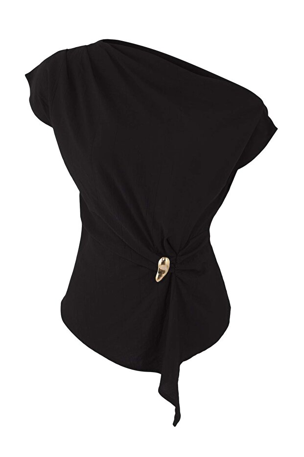 Siyah Kayık Yaka Fitted Toka Detaylı Dokuma Bluz TWOAW26BZ00058 - 5