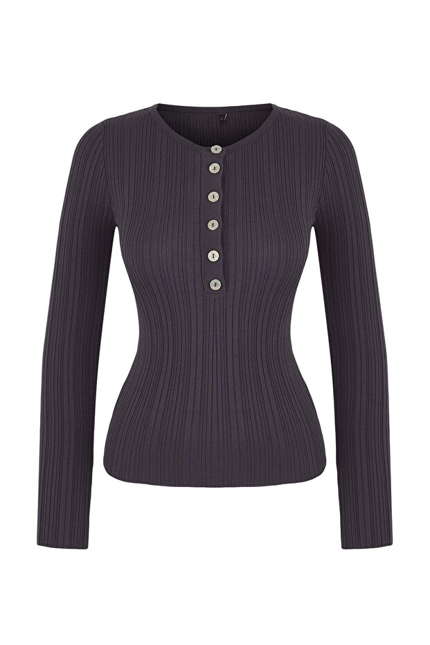 Wardrobe Essentials Antrasit Fitted/Vücuda Oturan Fitilli Triko Kazak | TWOAW26KZ00083 - 5