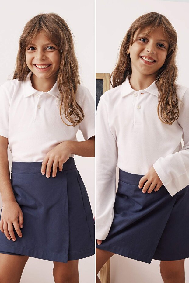 Beyaz 2'li Pamuklu Polo Yaka Set Unisex Çocuk Okul T-Shirt TKDSS24TS00025 - 1