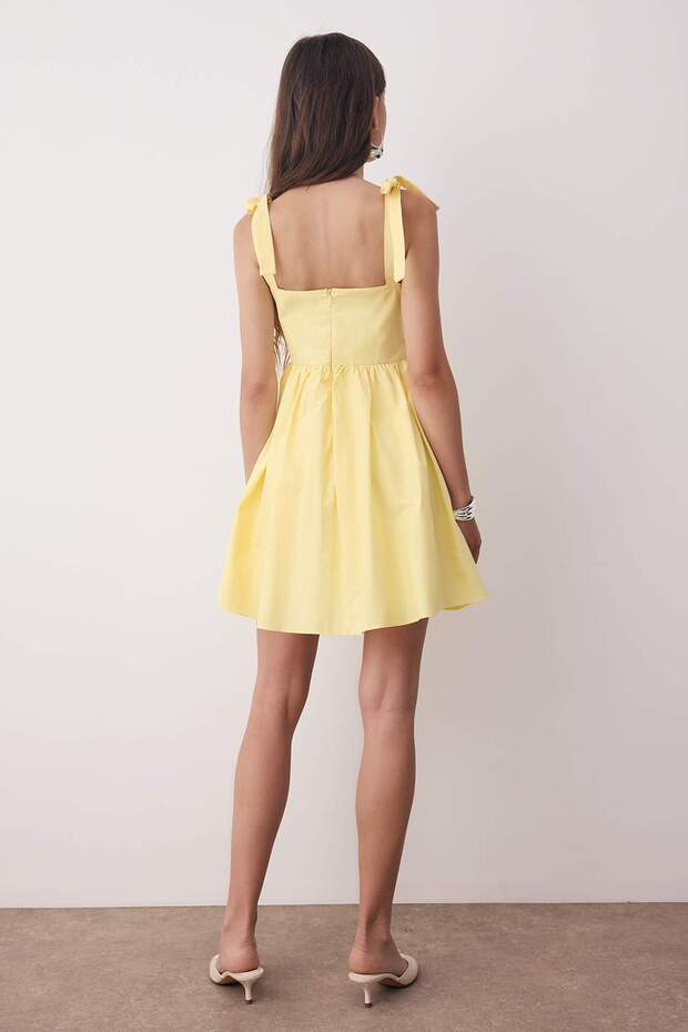 Světle žlutý límec Detailní mašlička Popelínové tkané šaty TWOSS25EL00891 - 8