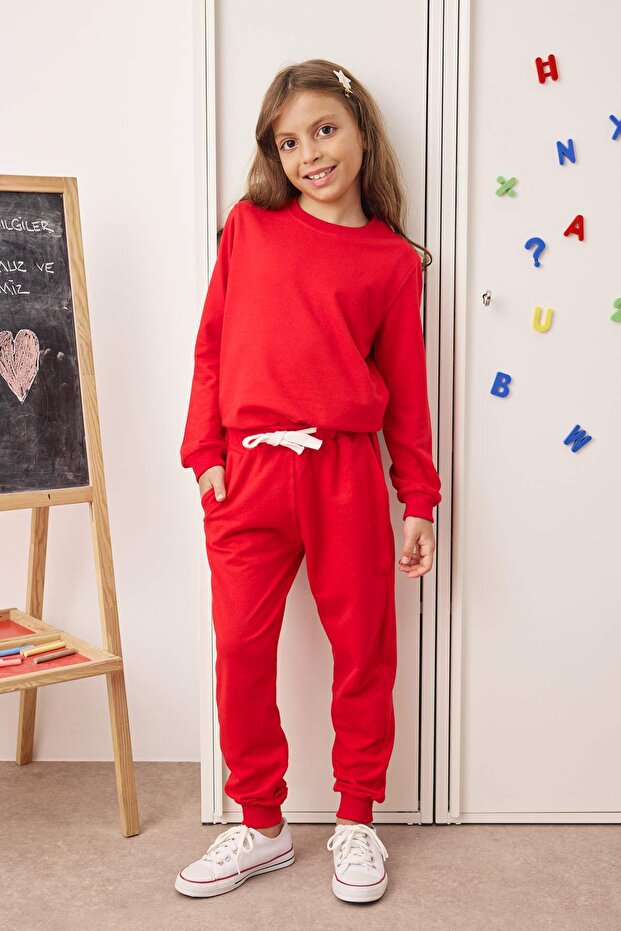 Kırmızı-Ekru Kız Çocuk Pamuklu Basic 23 Nisan İnceÖrme 4'lü Sweatshirt- Eşofman Alt-Üst Takım - 2