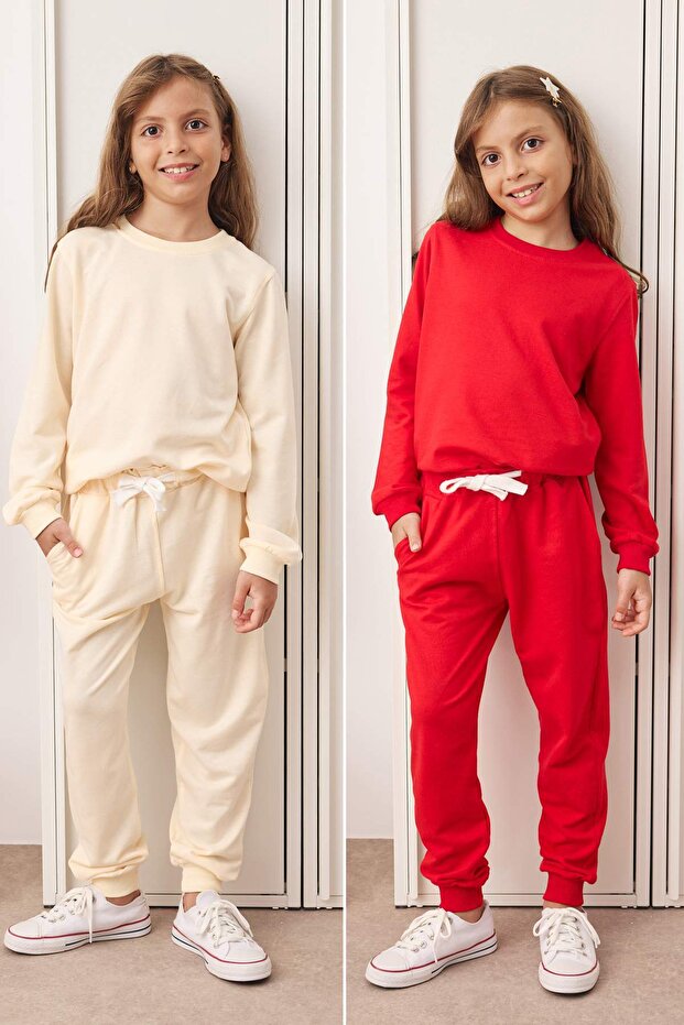 Kırmızı-Ekru Kız Çocuk Pamuklu Basic 23 Nisan İnceÖrme 4'lü Sweatshirt- Eşofman Alt-Üst Takım - 1