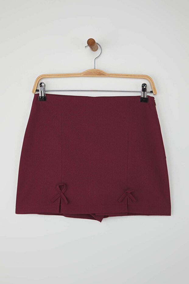 Teen Bordo Fiyonk Detaylı Yırtmaçlı Mini Dokuma Şort Etek TWOAW25SR00021 - 6