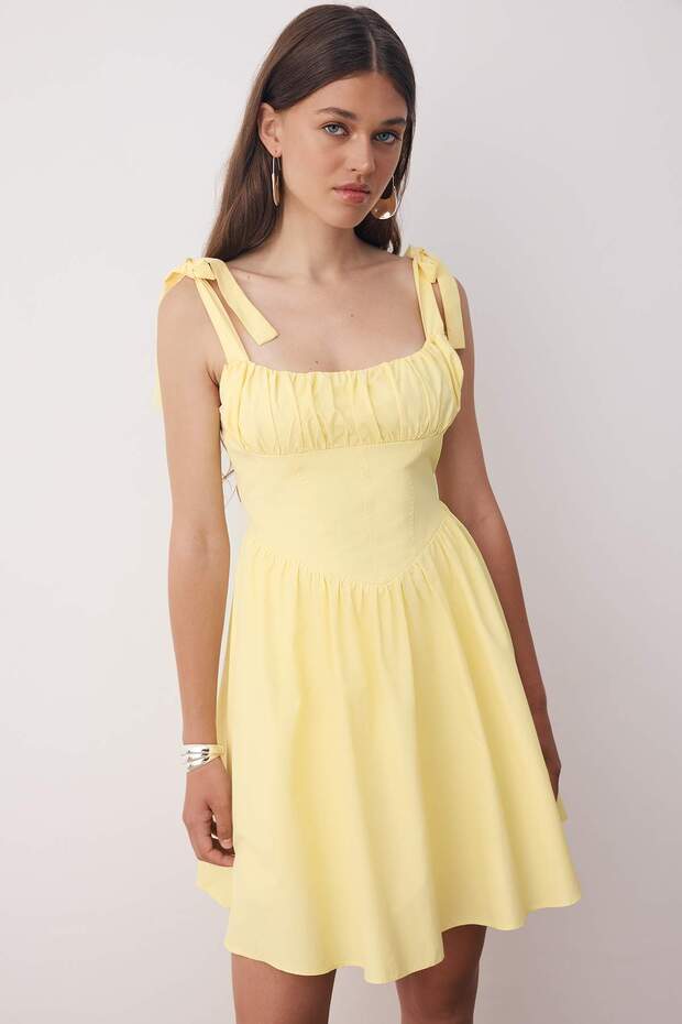 Světle žlutý límec Detailní mašlička Popelínové tkané šaty TWOSS25EL00891 - 5