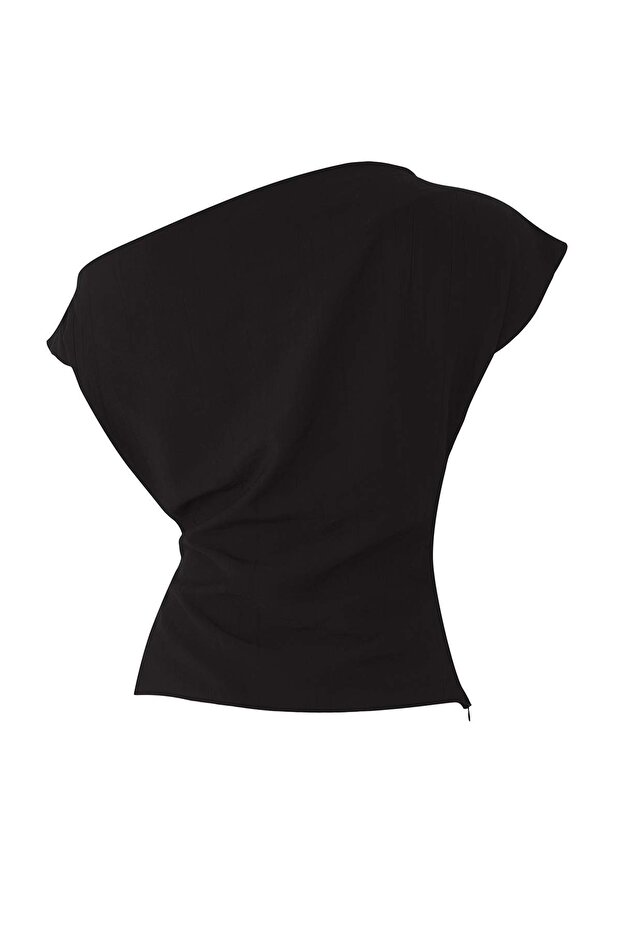 Siyah Kayık Yaka Fitted Toka Detaylı Dokuma Bluz TWOAW26BZ00058 - 6