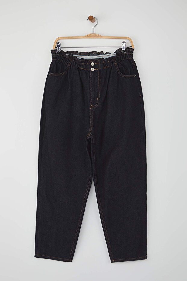 Koyu Mavi Yüksek Bel Beli Lastikli %100 Pamuk Büyük Beden Mom Jeans TBBAW23JE00002 - 5