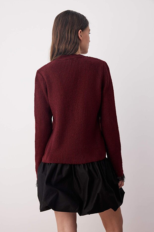 Bordo Dantel Garnili Triko Hırka TWOAW26HI00171 - 4