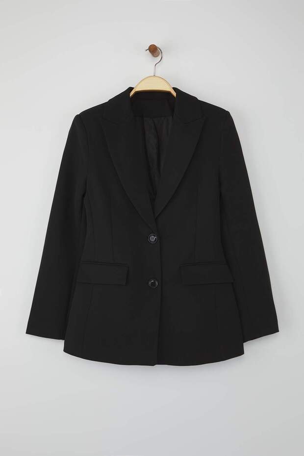 Fekete szabású, derékra illeszkedő szőtt blézerkabát TWOAW26BC00000 - 5