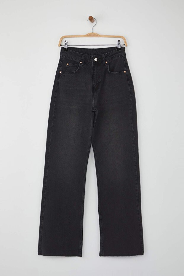 Siyah Yüksek Bel Paçası Kesikli Wide Leg/Geniş Paça Palazzo Comfort/Esnek Smoke Jeans TWOAW26JE00081 - 5