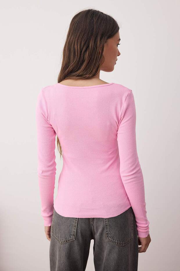 Antrasit-Pembe 2'li Paket V Yaka Fitted/Vücuda Oturan Pamuklu Esnek Örme Bluz TWOAW24BZ00068 - 7