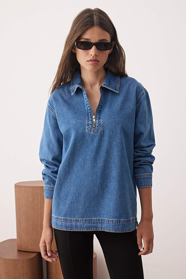 Mavi Fermuar Detaylı Denim Gömlek TWOAW26GO00002 - 1