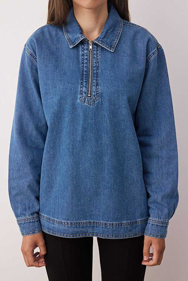 Mavi Fermuar Detaylı Denim Gömlek TWOAW26GO00002 - 3