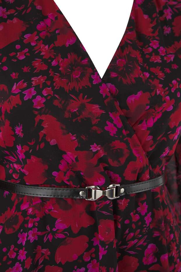 Burgunderrotes, florales, gewölbtes A-Linien-Midikleid mit zweireihigem Ausschnitt und gemustertem Chiffon-Webkleid TBBAW25AH00108 - 2