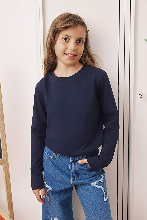 Lacivert-Bordo-Ekru 100% Pamuk 3'lü Düz/Basic Regular Unisex Çocuk Örme Okul T-Shirt TKDAW26TS00004 - 5