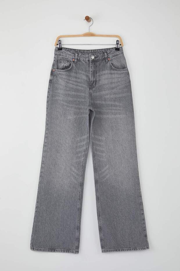 Gri Yüksek Bel Geniş Paça Wide Leg Palazzo %100 Pamuk Non-Stretch Jeans TWOAW26JE00066 - 5