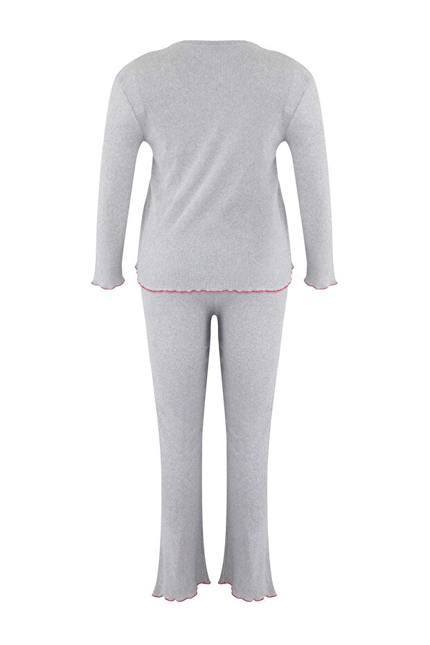 Gri Melanj Fitilli Kurdele/Fiyonk Nakışlı Örme Pijama Takımı TBBAW25AI00081 - 6