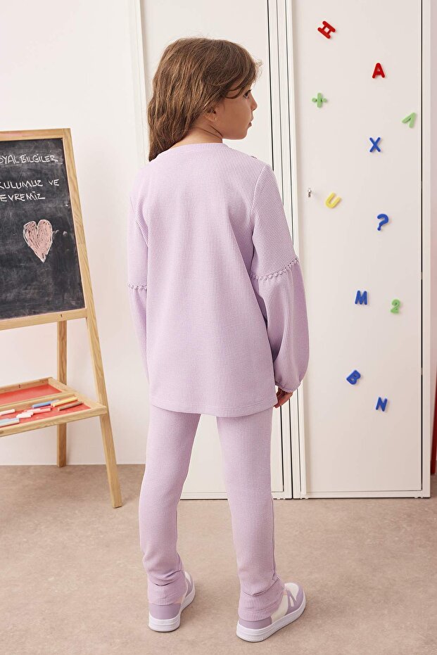 Lila Gül Aplikeli Düz Örme Kız Çocuk Dokulu Sweatshirt ve Eşofman Alt-Üst Takım TKDAW25AU00023 - 3