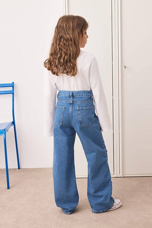 Mavi Kız Çocuk Geniş Paça Yıldız Desenli %100 Pamuk Lastikli Denim Pantolon TKDAW25PL00001 - 8