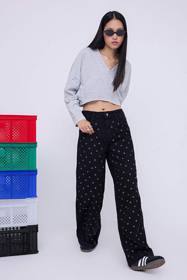 Teen Siyah Kuşgözü Detaylı Yüksek Bel Wide Leg Jeans TWOAW26JE00041 - 4