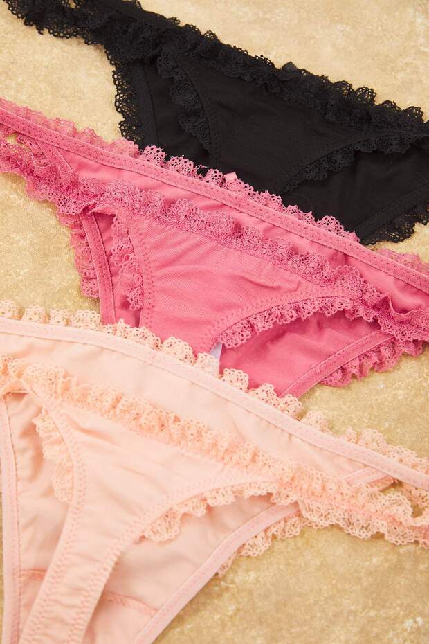 Pembe-Çok Renkli 3'lü Pamuklu Kurdele/Fiyonk ve Dantel Detaylı Örme Tanga Külot THMAW26KU00007 - 9