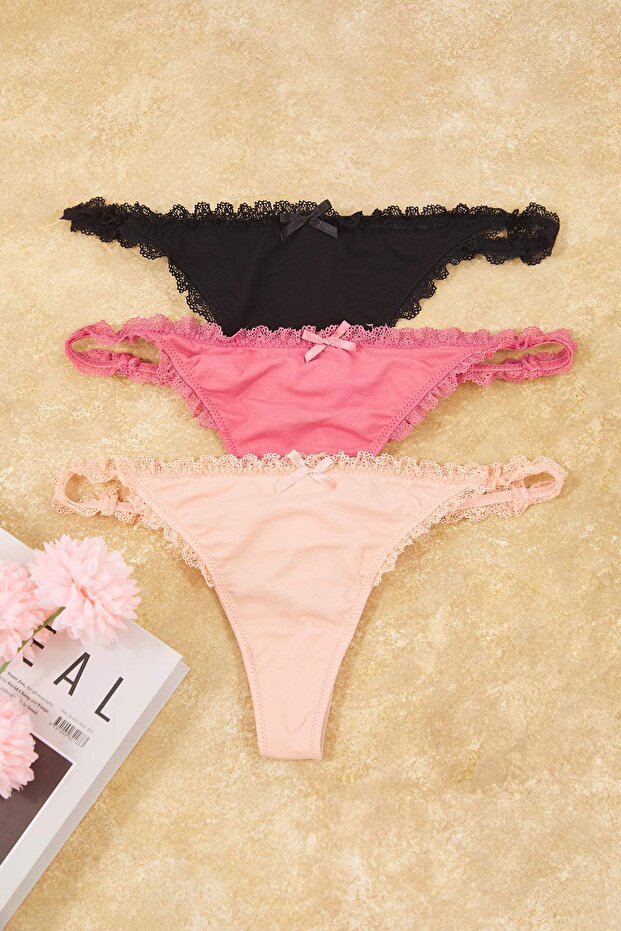 Pembe-Çok Renkli 3'lü Pamuklu Kurdele/Fiyonk ve Dantel Detaylı Örme Tanga Külot THMAW26KU00007 - 7