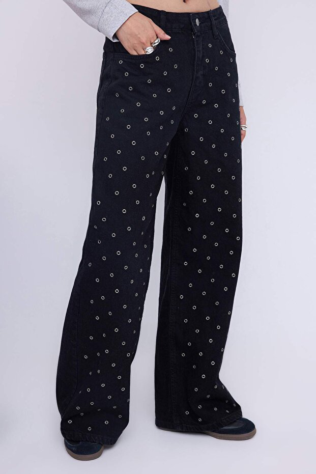 Teen Siyah Kuşgözü Detaylı Yüksek Bel Wide Leg Jeans TWOAW26JE00041 - 2