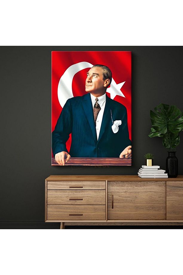 Kalpak ve Kravatlı Atatürk - Resmi Portre Kanvas Tablo - 1
