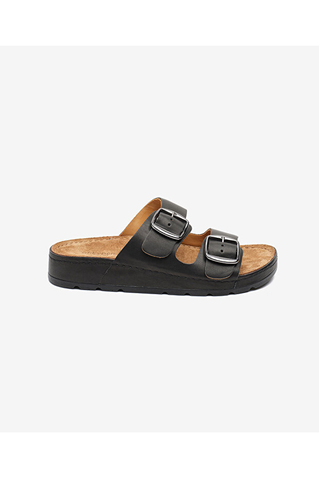 Women's Black Genuine Leather Slippers 5Y2Ct59234