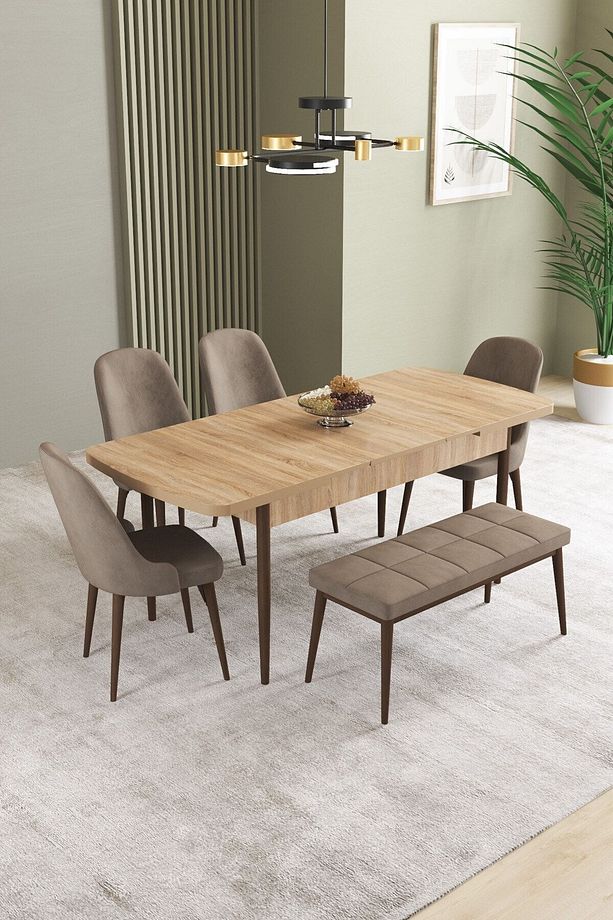 Ikon Meşe Desen 80x132 Mdf Açılabilir Yemek Masası Takımı 4 Sandalye, 1 Bench - 2
