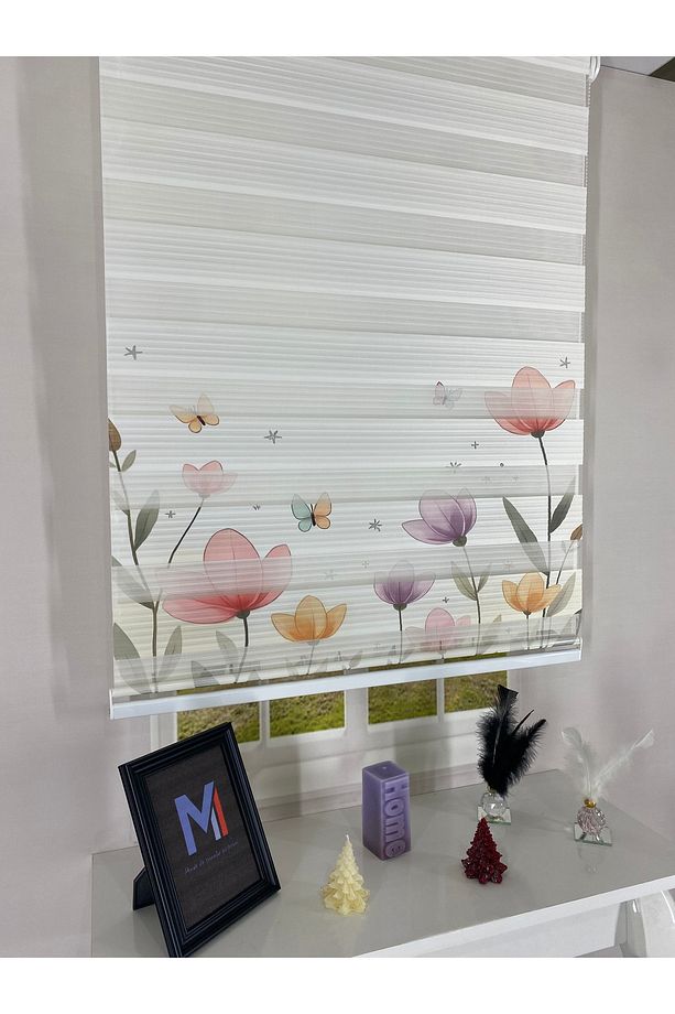 Pastel Çiçek ve Kelebek Desenli Zebra Stor Perde – Mutfak - Çocuk ve Genç Odası Perdesi - 3
