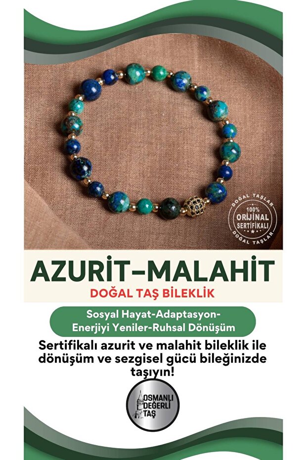 Certified Azurite-Malachite Natural Stone Bracelet 6-8 mm
