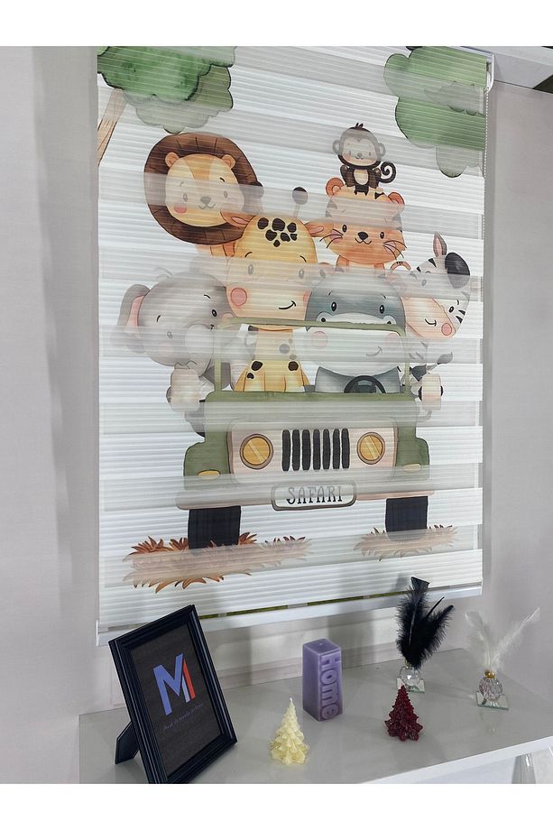 Safari Hayvanları ve Jeep Desenli Dijital Zebra Stor Perde – Çocuk Odası Baskılı Perde - 3