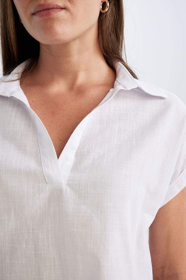 Regular Fit  Flamlı Pamuk Polo Yaka Kısa Kollu Bluz D4056AXNS - 4