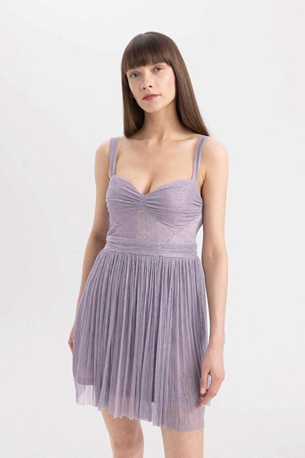 Kalp Yaka Parlak Kumaş Askılı Mini Abiye Elbise D1520AX24SM - 5