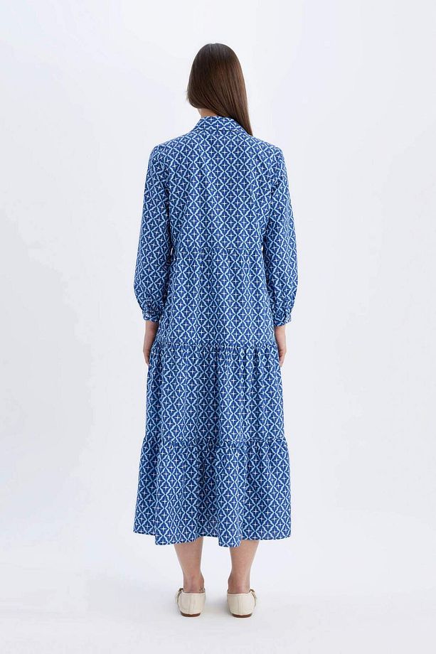 Relax Fit Gömlek Yaka Desenli Poplin Uzun Kollu Maxi Elbise D0569AX24HS - 5