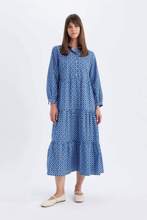 Relax Fit Gömlek Yaka Desenli Poplin Uzun Kollu Maxi Elbise D0569AX24HS - 1