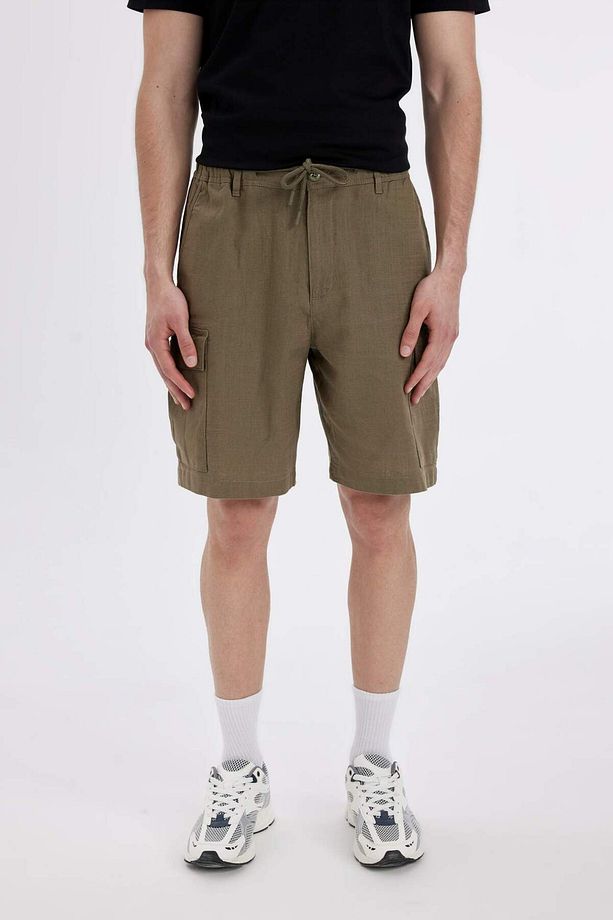 %100 Pamuk Regular Fit Keten Görünümlü Kargo Bermuda Şort B5676AX24SM - 4