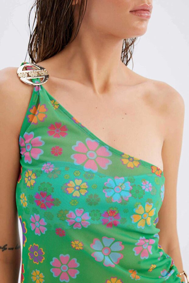 Declara x DeFacto Çiçekli Tül Tek Omuzlu Mini Plaj Elbisesi C5799AX24HS - 7