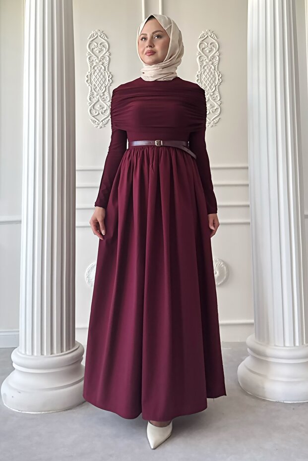 Drapeli Sandy Cotton Bordo Elbise - 1