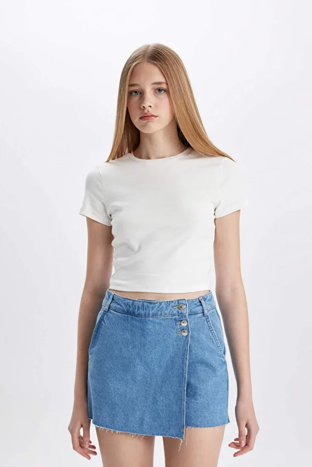 Yüksek Bel Jean Şort Etek C0698AX24SM - 3